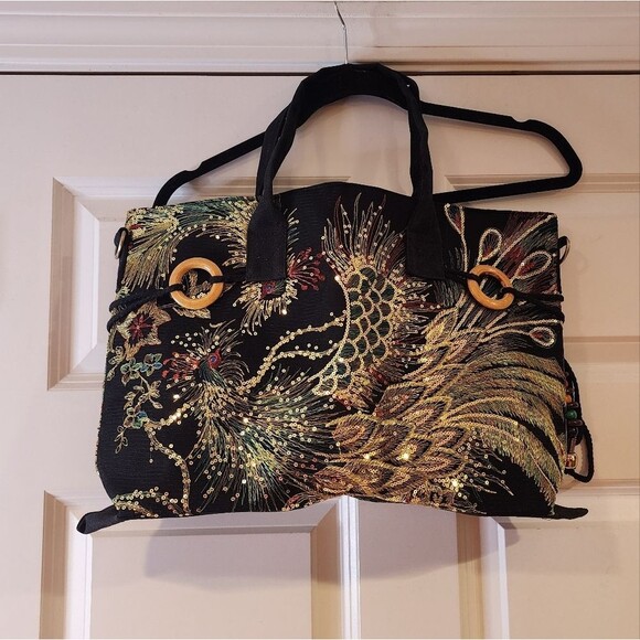 Vintage Embroidery new in bag black peacock sequin shoulder bag - Picture 1 of 5